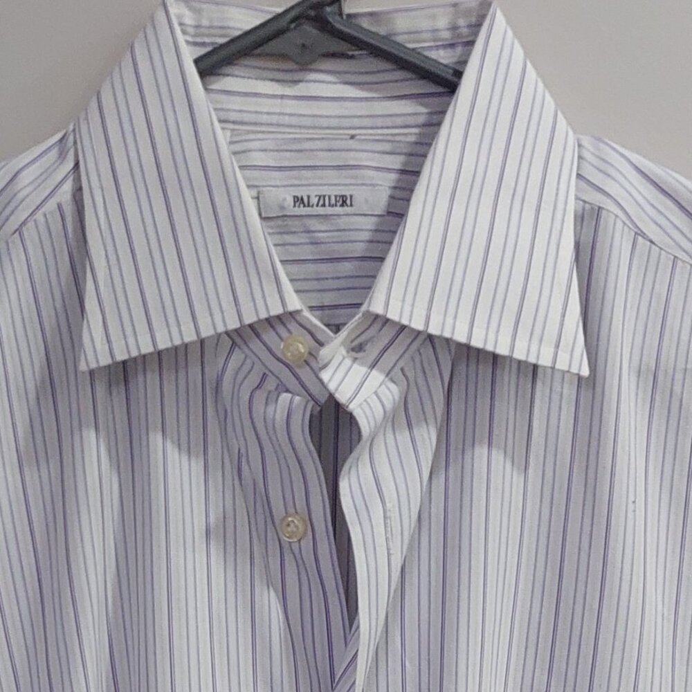 Pal Zileri Men's Button-down Dress Shirt 16 1/2 42 White Purple 100%Cotton Italy